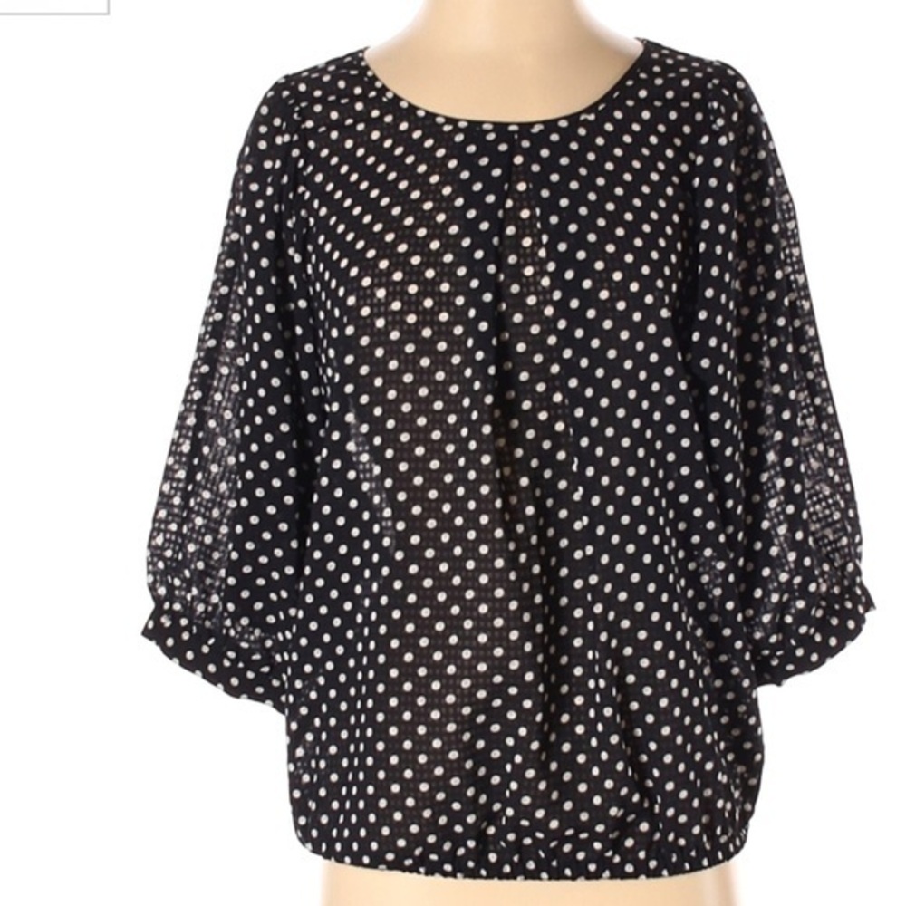 The Limited size S BOHO blouse black & white polka dot 3/4 full ruched sleeves